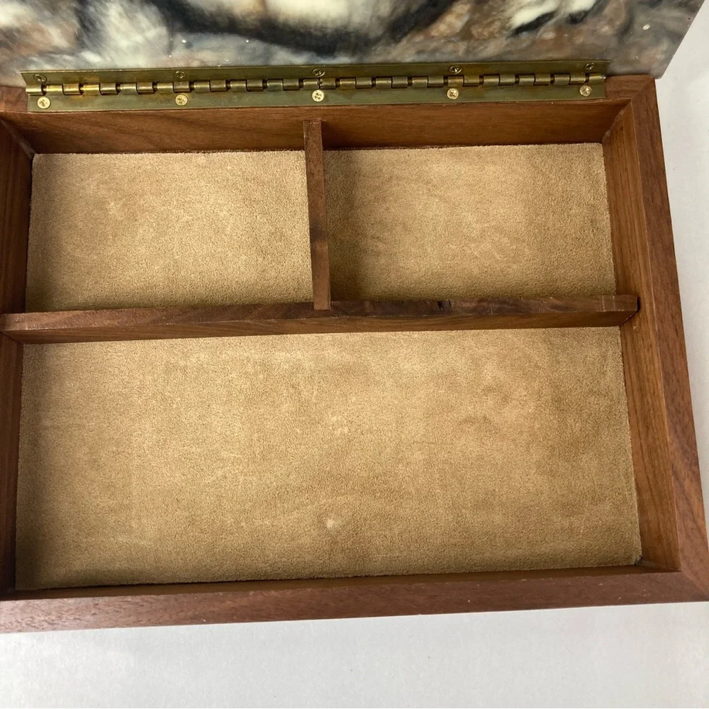 Incolay Stone Jewelry Box Vintage Dante Carved USA Made Horses American Walnut
